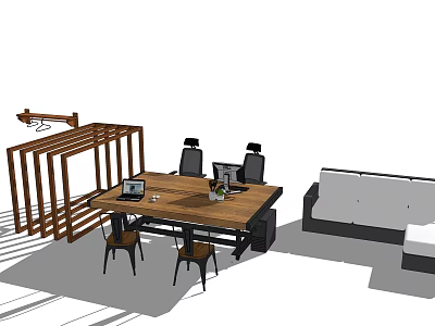 Modern Wooden Desk With Laptop Documents Black Chairs Sofa And Shelf 3d model