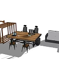 Modern Wooden Desk With Laptop Documents Black Chairs Sofa And Shelf