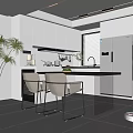 Modern Restaurant Kitchen Interior With Gray Cabinets Black Island Counter White Chairs And Green Plants