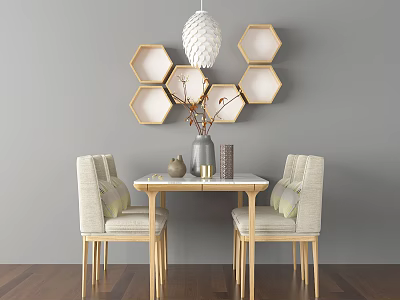 Modern Dining Set With Wooden Table Light Beige Chairs Hexagonal Wall Shelves And White Chandelier 3d model