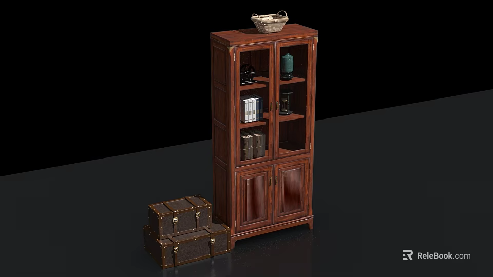 Vintage Brown Wooden Bookcase With Glass Doors And Basket On Top Beside Suitcases 3d model 