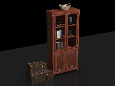 Vintage Brown Wooden Bookcase With Glass Doors And Basket On Top Beside Suitcases 3d model
