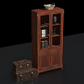 Vintage Brown Wooden Bookcase With Glass Doors And Basket On Top Beside Suitcases