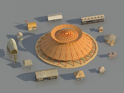 Traditional Village Model With Central Round Thatched Roof Building And Small Huts 3d model