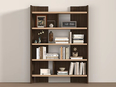 Modern Wooden Bookshelf Interior With Stacked Books Decorative Items And Picture Frame 3d model