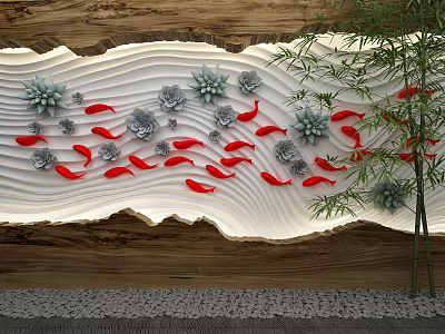 Serene Garden Ornament With Ripple Waves Red Koi Succulents And Bamboo 3d model