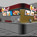 Worldly Restaurant Counter With White Design Digital Screens Showing Burgers Drinks And Cartoon Character Signboard