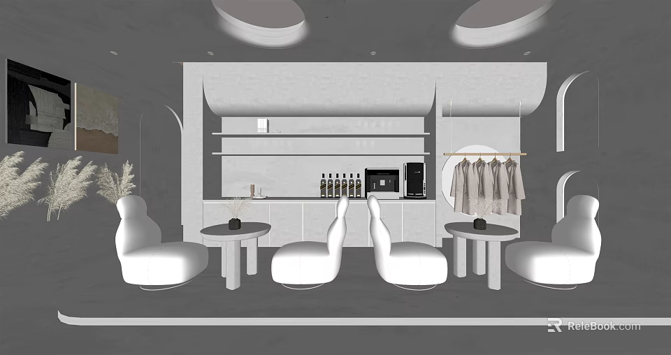 Stylish Beauty and Hair Salon Interior With White Chairs Small Tables Product Bottles Hanging Clothes 3d model 