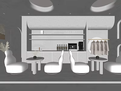 Stylish Beauty and Hair Salon Interior With White Chairs Small Tables Product Bottles Hanging Clothes 3d model