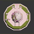 Pink Carved Dome Pavilion With Surrounding Pink Purple Flowers And Hexagonal Base In Garden