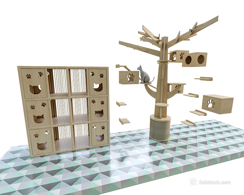 Wooden Pet Cabinet With Cat Tree And Multi Level Platforms For Cat Play And Rest 3d model 