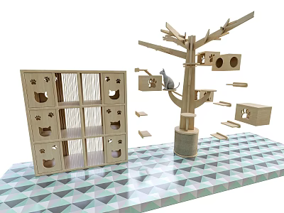 Wooden Pet Cabinet With Cat Tree And Multi Level Platforms For Cat Play And Rest 3d model