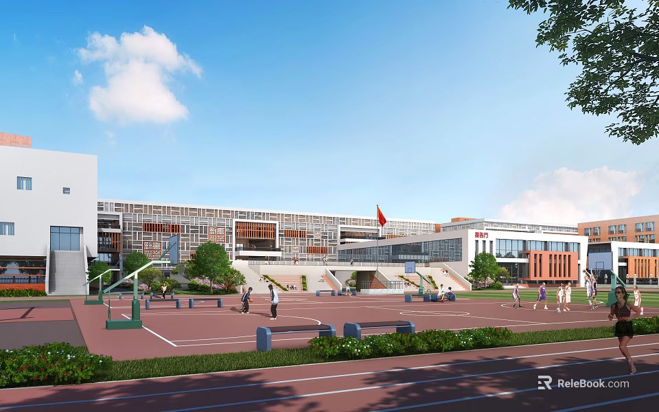 Modern School Building With Playground Track Field Basketball Hoops Red Flag And Trees 3d model 