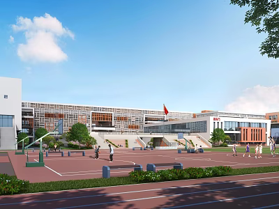 Modern School Building With Playground Track Field Basketball Hoops Red Flag And Trees 3d model