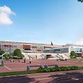 Modern School Building With Playground Track Field Basketball Hoops Red Flag And Trees