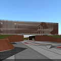 Modern Office Building Exterior With Green Lawn Large CAMP Sign Glass Curtain Wall And Trees
