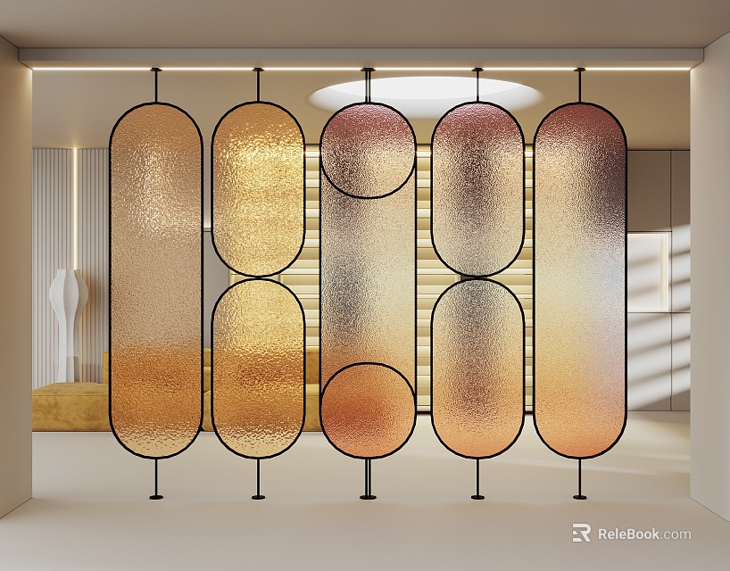 Modern Interior Room Divider With Oval Gradient Glass Panels And Metal Frame 3d model 