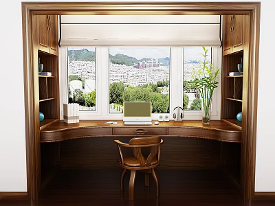 Cozy Study Room With Wooden Desk Laptop Green Plant And City Mountain View 3d model