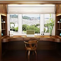 Cozy Study Room With Wooden Desk Laptop Green Plant And City Mountain View
