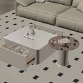 Beige Sofa Coffee Table Set With White Top And Round Side Table In Modern Living Room
