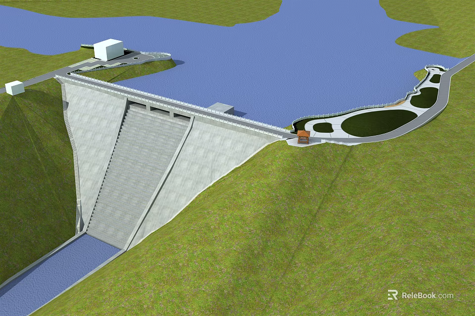 Scenic Dam Landscape with Large Concrete Structure Blue Water Green Grass and Winding Road 3d model 