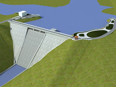 Scenic Dam Landscape with Large Concrete Structure Blue Water Green Grass and Winding Road 3d model