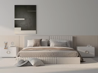 Modern Minimalist Double Bed With White Headboard Pillows Nightstands And Wall Art 3d model