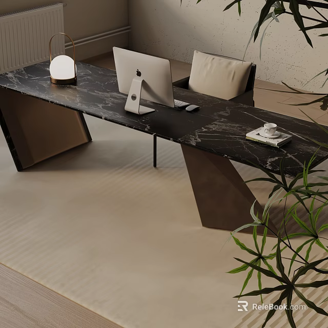 Modern Dining Table Set With Marble Surface Matching Chairs And Green Plants 3d model 