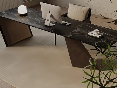 Modern Dining Table Set With Marble Surface Matching Chairs And Green Plants 3d model