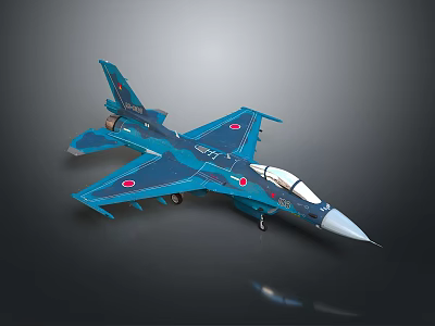 Blue Fighter Jet Model With Red Round Emblems On Wings Detailed Cockpit And Metallic Finish 3d model