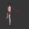 Game Movie Character With Short Black Hair Red Scarf Red Plaid Skirt And Dual Guns