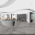 Modern Technology Exhibition Hall Interior With Curved Lighting Display Shelves And Marble Floor
