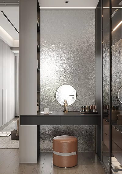 Modern Walk in Closet with Round Mirror Vanity Counter and Cosmetics 3d model