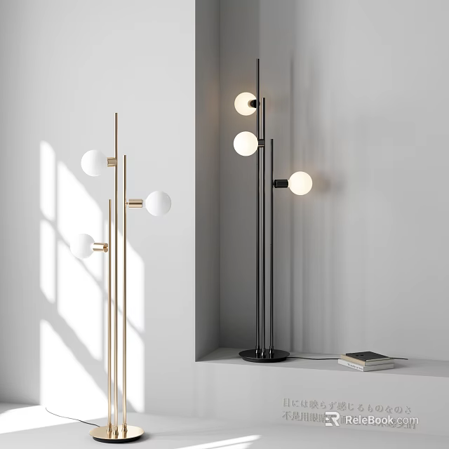 Modern Gold and Black Floor Lamps with Spherical Bulbs in Minimalist Home Corner 3d model 