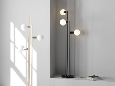 Modern Gold and Black Floor Lamps with Spherical Bulbs in Minimalist Home Corner 3d model