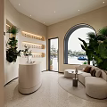 Elegant Beauty Salon Interior With Arched Mirrors White Leather Chairs Wooden Counter And Product Shelves