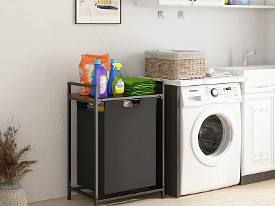 Black Metal Bathroom Storage Rack with Detergent Bottles Green Towels and Woven Basket Beside Washing Machine 3d model