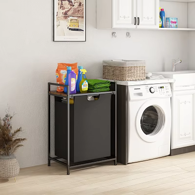 Black Metal Bathroom Storage Rack with Detergent Bottles Green Towels and Woven Basket Beside Washing Machine 3d model