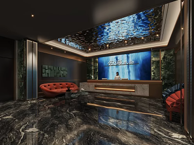 Luxury SPA Sauna Reception Hall With Marble Floor Red Sofa And Modern Lighting 3d model