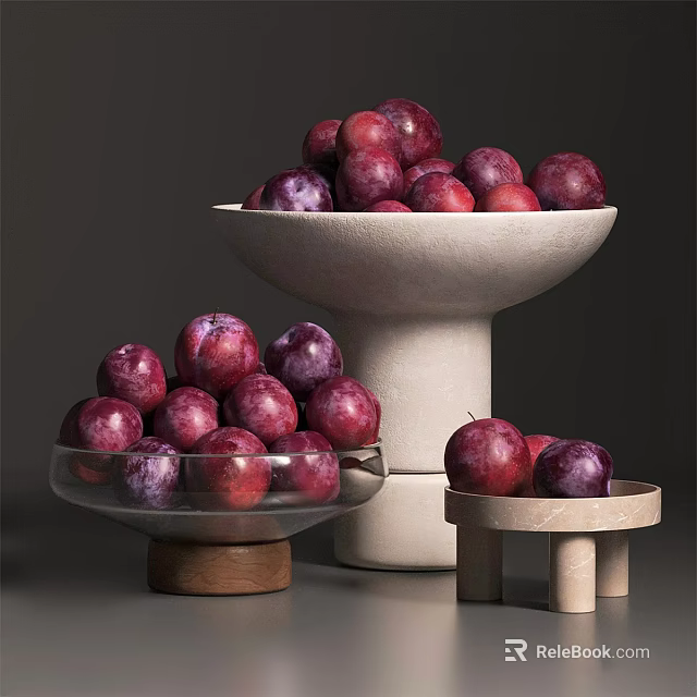 Elegant Ceramic Vessels Pedestal Bowl and Tray with Fresh Purple Plums 3d model 