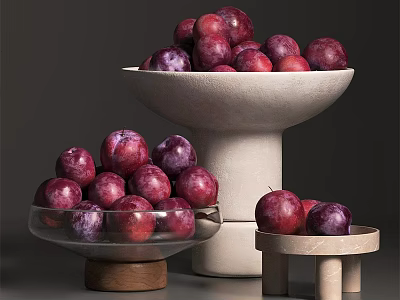 Elegant Ceramic Vessels Pedestal Bowl and Tray with Fresh Purple Plums 3d model