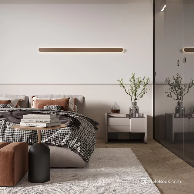 Modern Bedroom Interior With Checkered Quilt Pillows Bedside Table Vase Plants Strip Light Mirror 3d model 