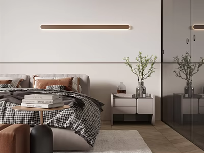 Modern Bedroom Interior With Checkered Quilt Pillows Bedside Table Vase Plants Strip Light Mirror 3d model