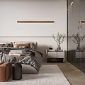 Modern Bedroom Interior With Checkered Quilt Pillows Bedside Table Vase Plants Strip Light Mirror
