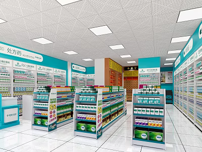 Pharmacy Store Interior with Shelves Displaying Medicines Bright Lighting Clean Floor and Information Signs 3d model