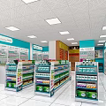 Pharmacy Store Interior with Shelves Displaying Medicines Bright Lighting Clean Floor and Information Signs