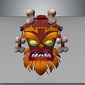 Vibrant Red Orange Decorative Tribal Mask With Bone Accents And Green Eyes