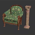 Classic Green Floral Pattern Armchair With Carved Wooden Armrests And Golden Legs Beside Marble Column