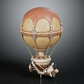 Vintage Hot Air Balloon Model With Stitched Brown Beige Leather And Metal Propeller Base