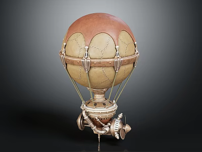 Vintage Hot Air Balloon Model With Stitched Brown Beige Leather And Metal Propeller Base 3d model